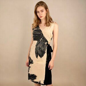 NWT Mint Velvet Beige / Peach Black Feather Pencil Midi TIE Dress US 10 UK 14